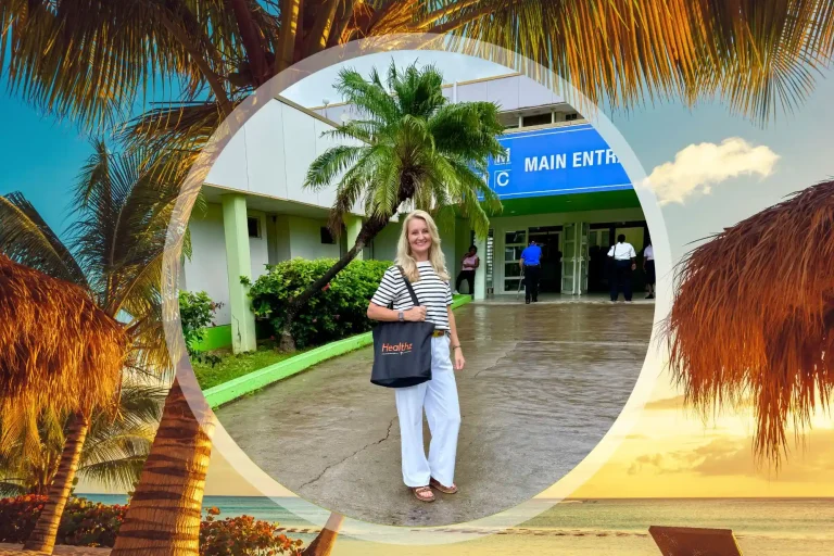 Marjolijn Vlaar bij het ziekenhuis op Sint Maarten om de waarnemers te bezoeken