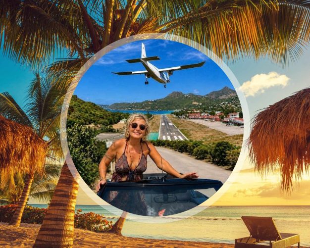Emigratiecoach Yuliya Petukhova voor de landingsbaan op Sint Maarten