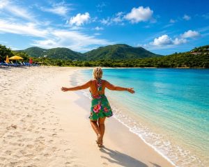 Yuliya Petukhova voelt vrijheid met haar armen wijd op een strand op Sint Maarten